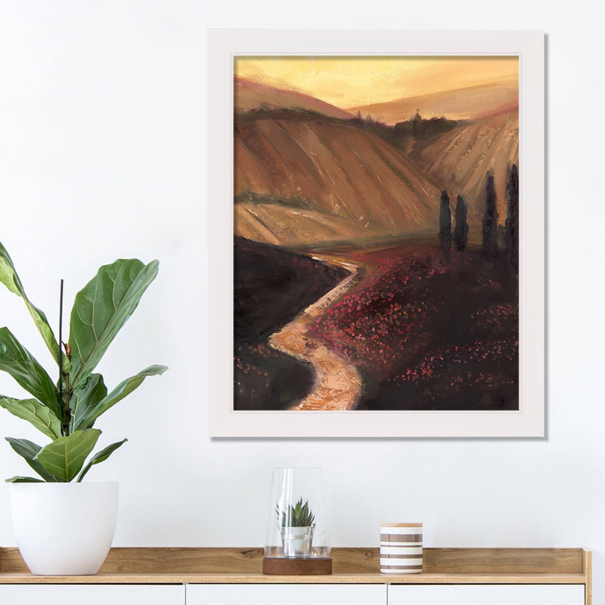 Tuscan Valley Path White Framed Print